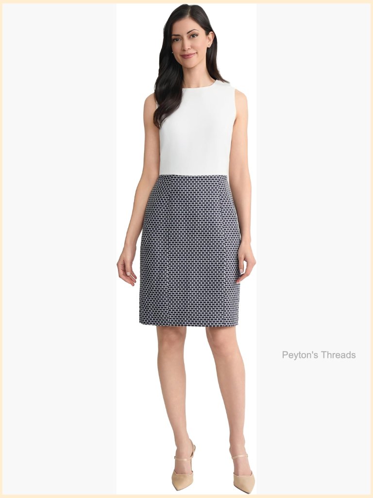 Sleeveless Plaid & Crepe Sheath Dress With Zipper Back